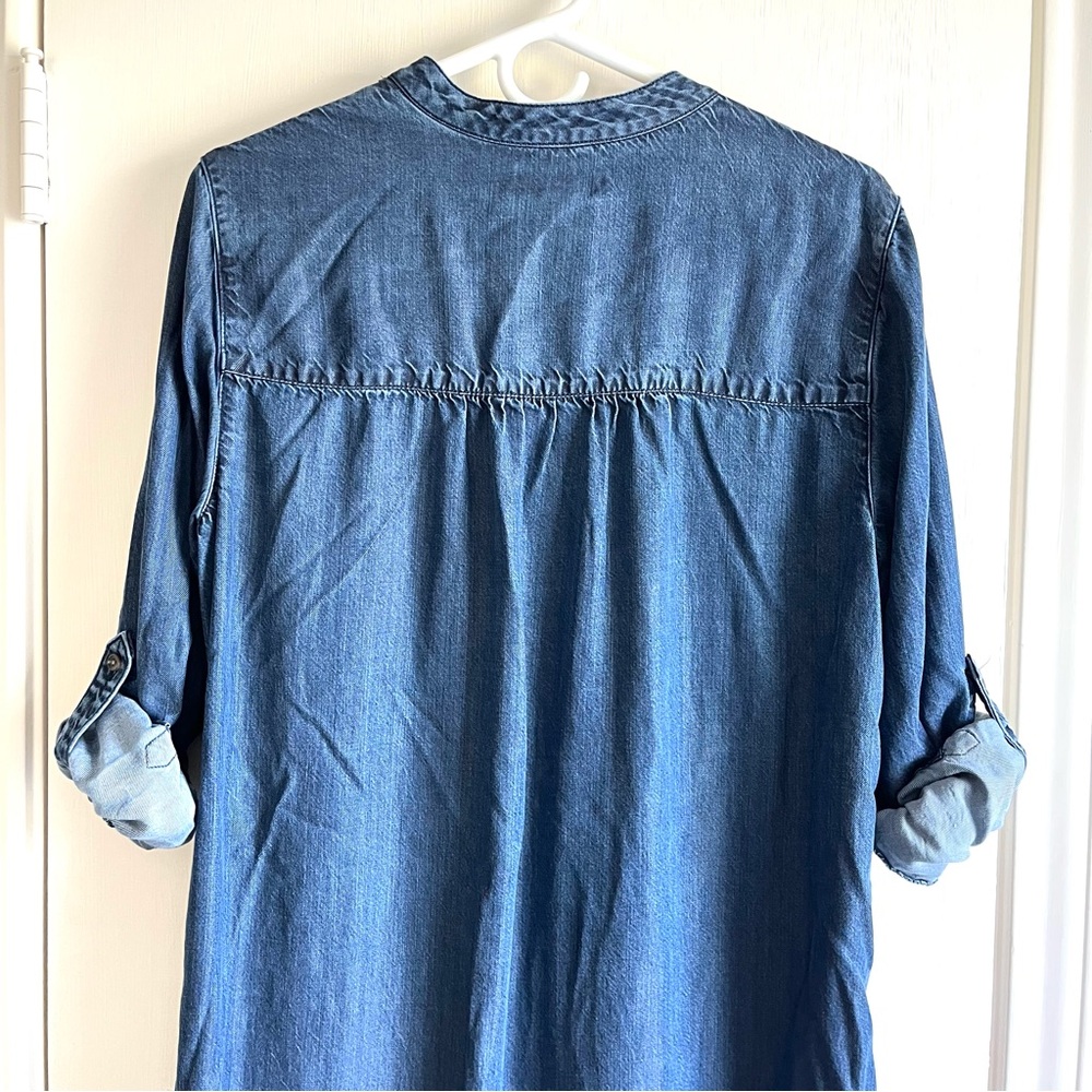 Lands End Shirt Dress Womens 12 Blue Chambray Pintuck Roll Tab Sleeve Pockets - Picture 8 of 12